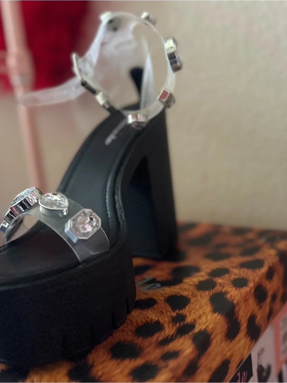 Women’s Black Platform Heel Sandals with Clear Gem Straps